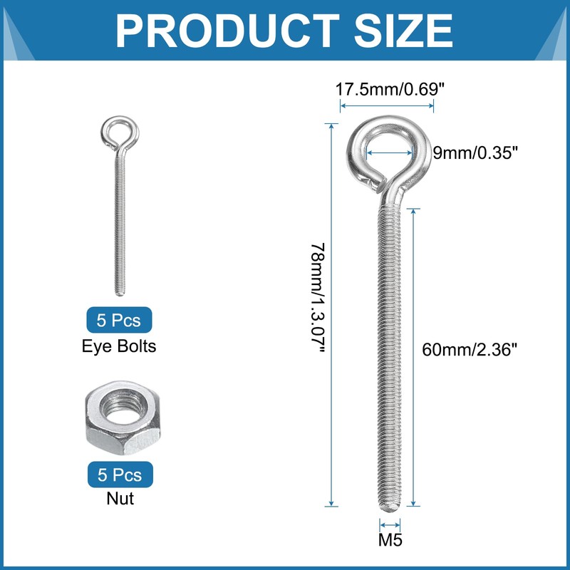 sourcing map 5 Pack Eye Bolts, M5 x 60mm 304