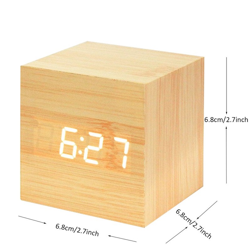 Onerbuy Wooden Digital Cube Alarm Clock Touch Sound Activated Desk