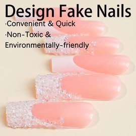 QQPPOLIU Square Press on Nails Long Length with Design French Tip Nails Press on Fake Nails Acrylic Nails Artificial Nails for Women and Girls 24pcs