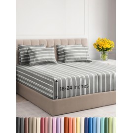 CGK Unlimited Extra Deep Split King Sheet Set - 7 Piece Breathable & Cooling Sheets - Hotel Luxury Bedding Set 18-24 Inch Extra Deep Pockets - Easy Fit, Soft, Wrinkle Free & Comfy - Grey Stripes, Split King Size