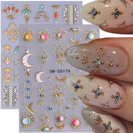 2 Sheets Embossed Star Nail Stickers Bohemian Style Nail Decals 5D Self-Adhesive Nail Design Stickers Star Moon Sun Manicure Decals for Women DIY Bohemian Style Nails Decoration Supplies