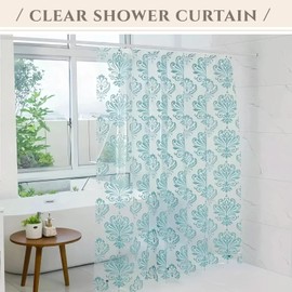Clear Blue Print Shower Curtain Liner, Plastic Transparent Shower Curtain with Design, See Through Cool Shower Curtain Blue Clear, 72x78 Waterproof Weighted Grommet Shower Curtain Set with 12 Hooks