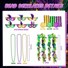 Civaner 138 Pieces Mardi Gras Party Supplies Including 6 Assorted Mardi Gras Masks 2 Yards Masquerade Feather Boa 30 Metallic Beads Necklaces 100 Green Purple Gold Plastic Coins for Carnival Decor