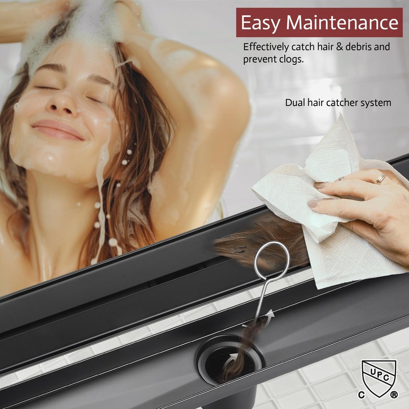 32 Inch Linear Shower Drain, Matte Black Shower Drain,Removable Grate,