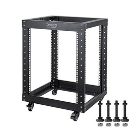 12U Server Rack Open Frame with Casters-RIVECO 4 Post Quick Assembly 19-inch, Data Rack Network Shelf Cabinet Heavy Duty Black