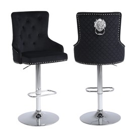 Chummaven Velvet Barstools Set of 2, Modern Counter Height Adjustable Swivel Stools Chairs with High Tufted Backrest Chrome Base Lion Head Pull Ring Diamond Pattern Rivet Trim for Kitchen (Black)