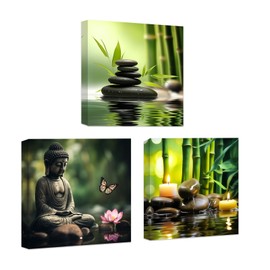 CCWACPP Zen Canvas Wall Art 3 Piece Bamboo Spa Pictures Zen Stones Candles Painting Buddha Print Bathroom Beauty Treatment Meditation Room Decor Framed (12"x12"x3)