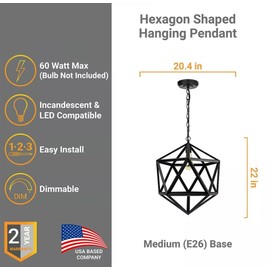 Diodesy- AQF/PD/OC/MB Industrial Hexagon Shaped Pendant Light, Vintage Hanging Metal Antique Cage for Kitchen Island/Dining Room/Bar, Farmhouse Country-Chic, Matte Black with Adjustable Cord, 60W Max