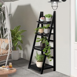 Jerry & Maggie 4-Tier Wooden Ladder Shelf - Rustic Bookshelf, Plant Stand, Storage Rack for Living Room, Bedroom, Patio, Farmhouse Décor (Black)