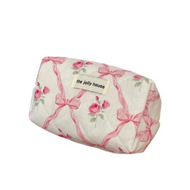 WDIRARA Women's Travel Makeup Bag Bow Floral Cosmetic Pouch Toiletry Bag with Zipper, Pink, Medium, Soft