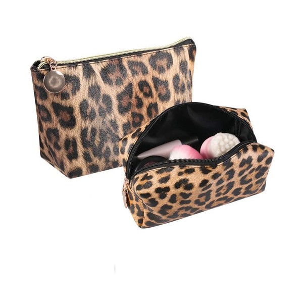 Pack of 2 Make Up Bag Toiletry Bag Portable Travel PU Leather Makeup Bag Cosmetic Bag with Waterproof and Durable (Leopard), leopard, m, Fashion