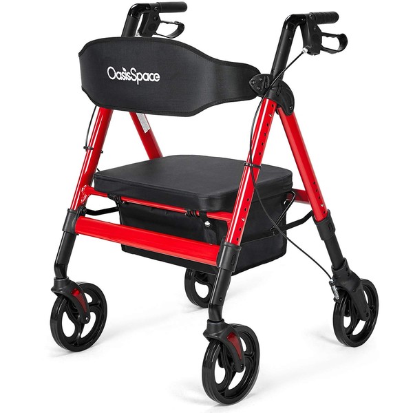 OasisSpace Heavy Duty Rollator Walker - Bariatric Rollator Walker with Large Seat for Seniors Support Up 450 lbs (Red)