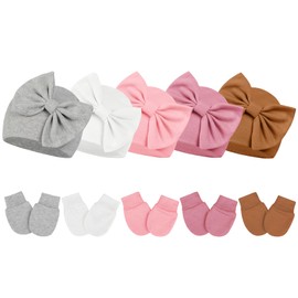 Century Star Newborn Baby Girl Hats No Scratch Mittens Set Newborn Hospital Hat Cotton Baby Beanie Gloves Infant Bow Hat 5Pcs Grey&White&Light Pink&Dark Pink&Light Coffee 0-3 Months