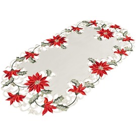 Embroidered Christmas Holiday Poinsettia Table Runner Dresser Scarf (14Wx27L)