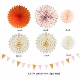 Beige-Orange Peach Fall-Boho Hanging Party-Decorations - 20pcs Autumn Friendsgiving Baby Shower Paper Lanterns Fans,Tissue Pom Poms,Honeycomb Balls,Thanksgiving Wedding Bridal Birthday Decor Burgleda