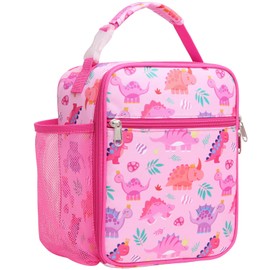 Bagseri Kids Lunch Box, Insulated Lunch Box Bag for Girls, Portable Reusable Toddler Lunch Cooler Bag for School, Water-resistant Lining（Pink & Crown Dinosaur）