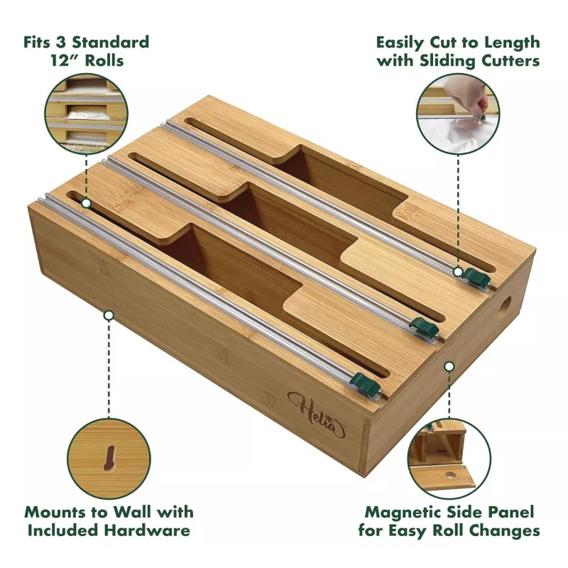 HELIA Bamboo Kitchen Wrap Organizer | Wall Mounting Foil and