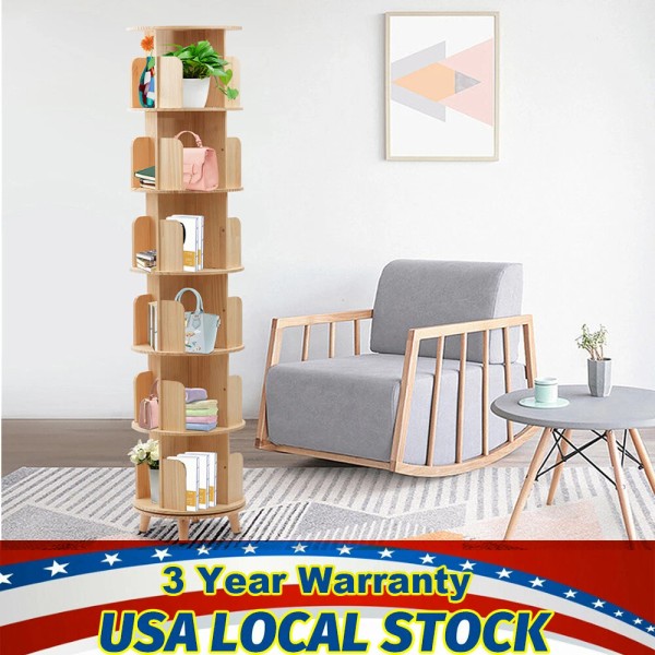 Unbranded Rotating Bookshelf Cylindrical Wooden Book Rack 6 Tier Plants