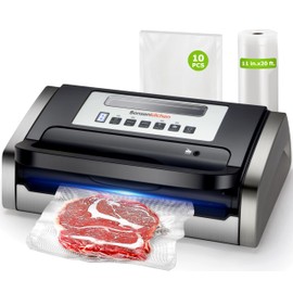 Bonsenkitchen Vacuum Sealer Machine, Globefish Technology for Perfect Vacuum Sealing, Powerful Low-Noise Food Vacuum Sealer with Easy Handle Design, Built-in Cutter & Bag Storage, 1 Bag Roll & 10 Bags