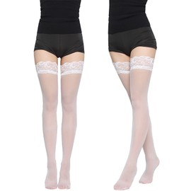 DFsucces Knee High Socks, 2-Piece Set, Costume, Cosplay, Knee High Socks with Lace, Strong Elasticity, Sheer, Breathable, Cute, For Uniform, School Commute, Beautiful Leg Socks, white + white