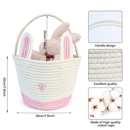 Fidqiog Pink Basket, Easter Basket for Kids with Handle, Cute Rabbit Gift Basket Empty, Baby Gift Basket for Cat Dog Toy Storage, Cotton Woven Rope Basket (White)