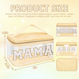 Iqimott Preppy Clear Makeup Cosmetic Bag for Women Travel, Nylon PVC Chenille Glitter Letter Toiletry Storage Tote Bag, Transparent Waterproof Organizer Zipper Pouch with Handle(Mama, Beige)