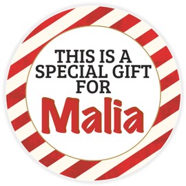 This is a Gift for Malia - 25 Pack Circle Stickers 3 Inch - Candy Cane Merry Christmas Gift Tag Present Tree Holiday Custom Name Santa Claus