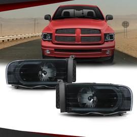 CROSSDESIGN Headlights Assembly Front Headlamp Compatible with Dodge Ram 1500 2002-2005/ Fit Dodge Ram 2500 3500 2003-2005 Smoke Lens Black Housing Clear Reflector