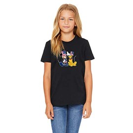 One Stop Decals 4th of July (Independence Day) Mickey with Pluto (V4) Kid's T-Shirt Black for Girls. (L) (OSD Version)