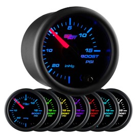 GlowShift Black 7 Color 15 PSI Turbo Boost/Vacuum Gauge Kit - Includes Mechanical Hose & T-Fitting - Black Dial - Clear Lens - for Cars - 2-1/16" 52mm