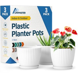 White 6-Inch Plant Pots with Drainage & Saucers 3 Pack, Indoor & Outdoor Planters for Houseplants, Herbs, and Flowers, Durable & Weatherproof Material, Stackable, Lightweight, Minimalist Design