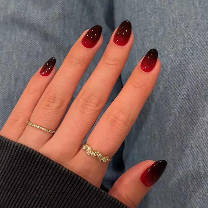 SXVME Uñas postizas francesas rojas y negras, cortas, ovaladas y