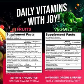 JOYLI Nutrition Fruits and Veggies Supplement - High Fiber Immunity, Gut & Energy Boost - 25 Super Reds & 20 Super Greens  | Vegan, Gluten Free, GMO Free |  240 Powder Superfood Capsules