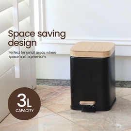 Eco Basics Rubbish Square Bin 3L, Black - Compact Bin with Recycled Plastic, Bamboo Lid & Pedal, Soft Close Quiet Operation, Space-Saving Design for Toilets, Living Rooms, & Small Spaces, 24x22x16cm