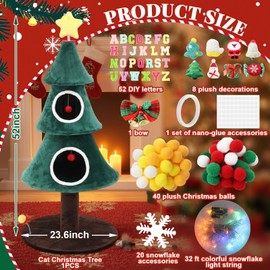 Vercraft LED Christmas Cat Tree with 2 Houses 52 inch Cat Tower Include Letter Stickers Snowflake Plush Decorative Light String and Glue, Furniture with Teaser Toy for Christmas Indoor Decoration