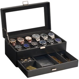 ProCase 12 Slot Watch Box for Men, Jewelry Organizer Box with Drawer, Display Storage Case with Glass Lid -Allblack