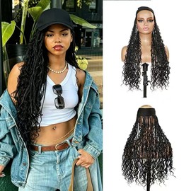 Passion Twist 20 inch Goddess Braided Headband Wig with Curly Hair Black Synthetic Braid Wig with Head Band Attached Knotless Ready to Go Glueless Braiding Hair Wig For Women