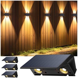 Fence Lights Solar Powered, 4-Pack Solar Fence Lights Up/Down Flexible Buttons, IP67 Waterproof for Outdoor, 100LM Bright, Auto Dusk to Dawn for Wall/Stairs/Yard/Railing/Deck/Pathway (Warm White)