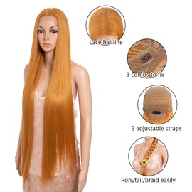 Style Icon 38" Ombre Green Yellow Lemon Wig Super Long Straight Wigs 6" Deeper Middle Part Lace Lace Front Wigs Orange Synthetic Wig (38", ORANGE20)