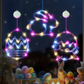 LOLStar Easter Window Lights, Easter Window Decorations, 3 Pack Easter Egg Chick and a Bunny Shaped Multicolor Hanging LED Lights with Suction Cup, Battery Operated Indoor Lights for Home Decor