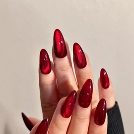 Red False Nails - 30pcs Cat Eye Design Stick on Nails - Medium Length Red Press on Nails in 12 Sizes - Almond Fake Nails with Glue - Stiletto French Tip False Nails - Burgundy Glue on Nails for Women