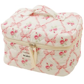 ALUXY Quilted Makeup Bag, Floral Cotton Cosmetic Bag, Cotton Makeup Bag Set, Toiletry Travel Organizer Bag for Women Girls (Pink,L)