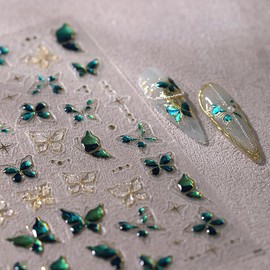 1 Sheets Green Embossed Butterfly Nail Decals for Nail Art Shiny Gold Butterfly Nail Stickers 5D Self-Adhesive Star Nail Decoration Spring Summer Nail Art Stickers for Women Girls Nail Design
