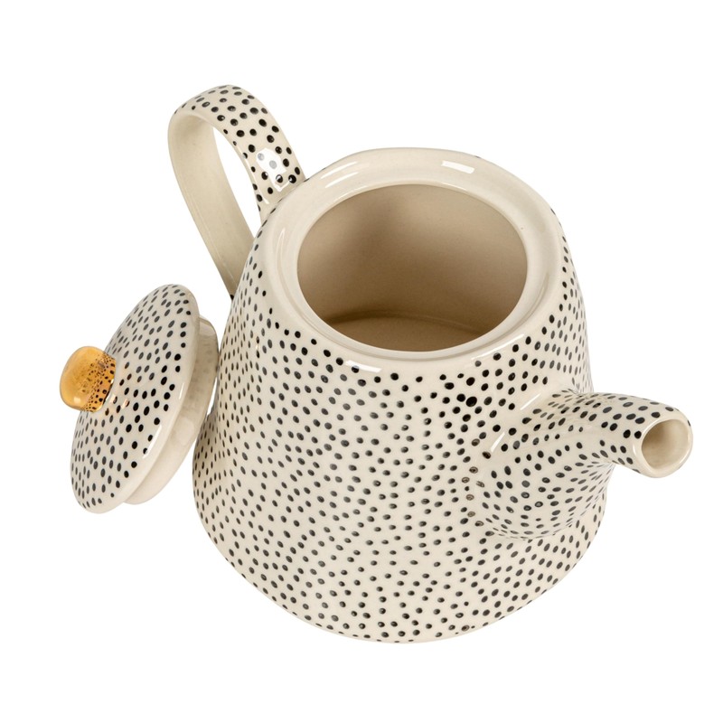 White Stoneware Teapot with Black Speckles & Gold Electroplating