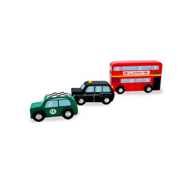 Indigo Jamm British Classics, 3 Wooden Toy Vehicles Set with Iconic London Bus, Taxi and Racing Car
