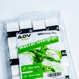 ADV MaxTac Tacky Tennis Overgrip - Extremely Sticky Non-Slip, Razor-Thin & Easy to Use Pro Tennis Racket Grip Tape, White, 12 Pack