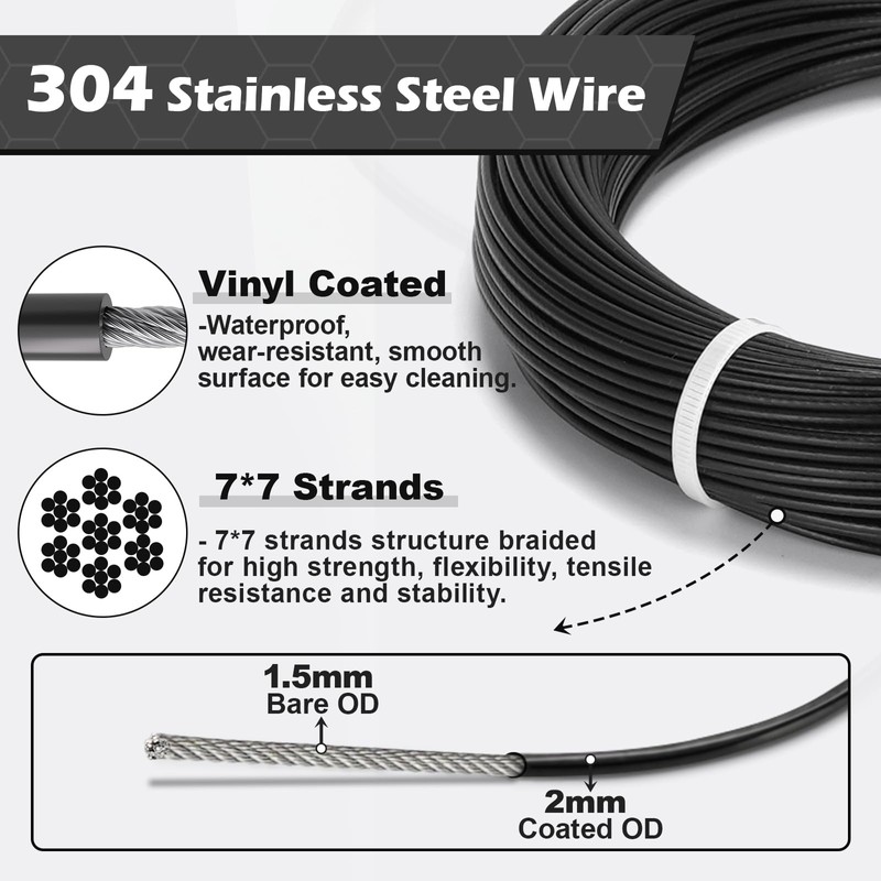 TooTaci 1/16" Wire Rope Kit, 200FT 1/16 Black Vinyl Coated