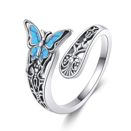 VONALA Turquoise Butterfly Spoon Ring 925 Sterling Silver Thumb Ring Vintage Boho Sunflower Ring for Women Floral Antique Jewelry Gifts for Her 6#7#8#