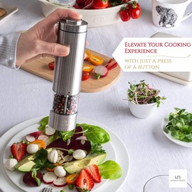 Electric Salt and Pepper Grinder - Battery Operated Stainless Steel Pepper Mill with Light - Automatic One Handed Operation - Electronic Adjustable Shaker - Ceramic Grinder
