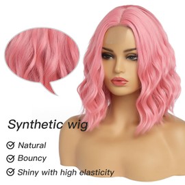 Pelucas Onduladas para Mujer, Frente de Encaje, 14 Pulgadas, Longitud Corta de los Hombros, Parte Media, Peluca Ondulada y Rizada, Peluca de Fibra Sintética Resistente al Calor de Aspecto Natural para Uso Diario en Fiestas (Ondulada,Sin Flequillo, Rosa P